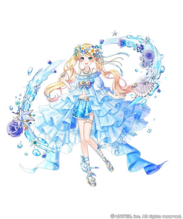 1girl, :d, aqua_eyes, bare_shoulders, bead_necklace, beads, blonde_hair, blue_dress, blue_flower, blue_nails, blue_ribbon, blue_sandals, blue_skirt, blush, cocoppa_dolls, commentary_request, copyright_notice, dress, flower, flower_wreath, footwear_flower, frilled_dress, frilled_sleeves, frills, front_slit, full_body, gem, hair_ornament, hair_ribbon, head_wreath, jewelry, knees_together_feet_apart, layered_dress, leg_ribbon, looking_at_viewer, medium_dress, midriff, miniskirt, nail_polish, necklace, off-shoulder_dress, off_shoulder, official_art, open_mouth, pearl_(gemstone), platform_sandals, plumeria, purple_flower, purple_rose, ribbon, rose, sandals, seashell, second-party_source, shell, shell_hair_ornament, shell_necklace, sidelocks, simple_background, skirt, skirt_under_dress, smile, solo, spaghetti_strap, standing, starfish, starfish_hair_ornament, swept_bangs, tachi-e, thigh_strap, three-quarter_sleeves, toenail_polish, toenails, twintails, water, wavy_hair, wedge_heels, white_background, white_flower, zoe_(cocoppa_dolls)