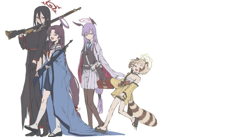 4girls, animal_ears, arata_(blue_archive), black_choker, black_gloves, black_hair, black_thighhighs, black_wings