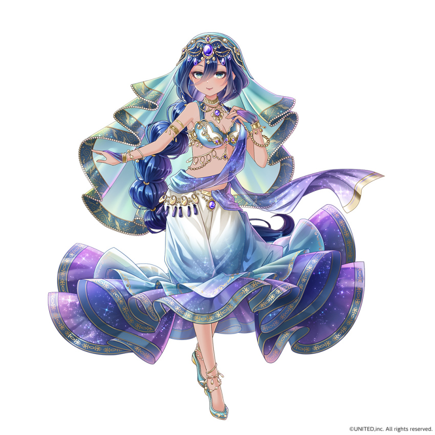 1girl, anklet, aqua_eyes, aqua_shoes, aqua_veil, arabian_clothes, armlet, bare_shoulders