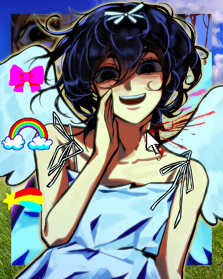 1girl, absurdres, alien_stage, bare_shoulders, blood, blood_from_neck, blood_spray, blue_eyes