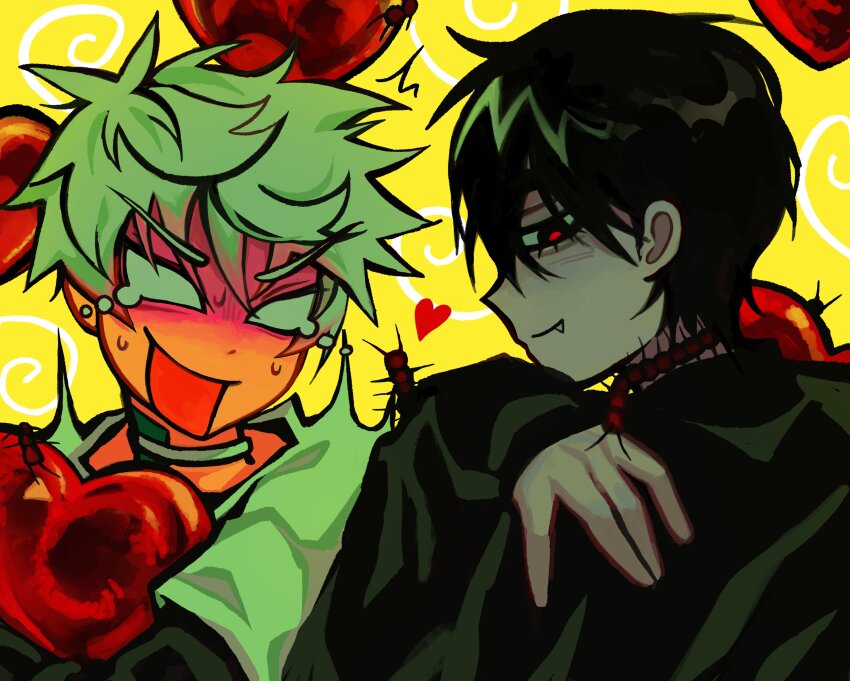 2boys, absurdres, alien_stage, black_hair, black_shirt, blank_eyes, bug, centipede