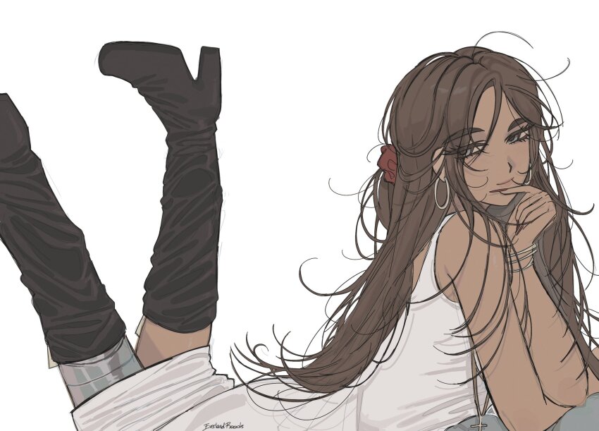 1girl, alien_stage, black_boots, boots, bracelet, brown_hair, closed_mouth, commentary