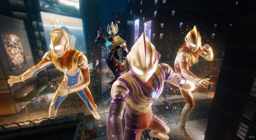 295609159hhj, 4boys, absurdres, alien, aura, bare_tree, blue_skin, building