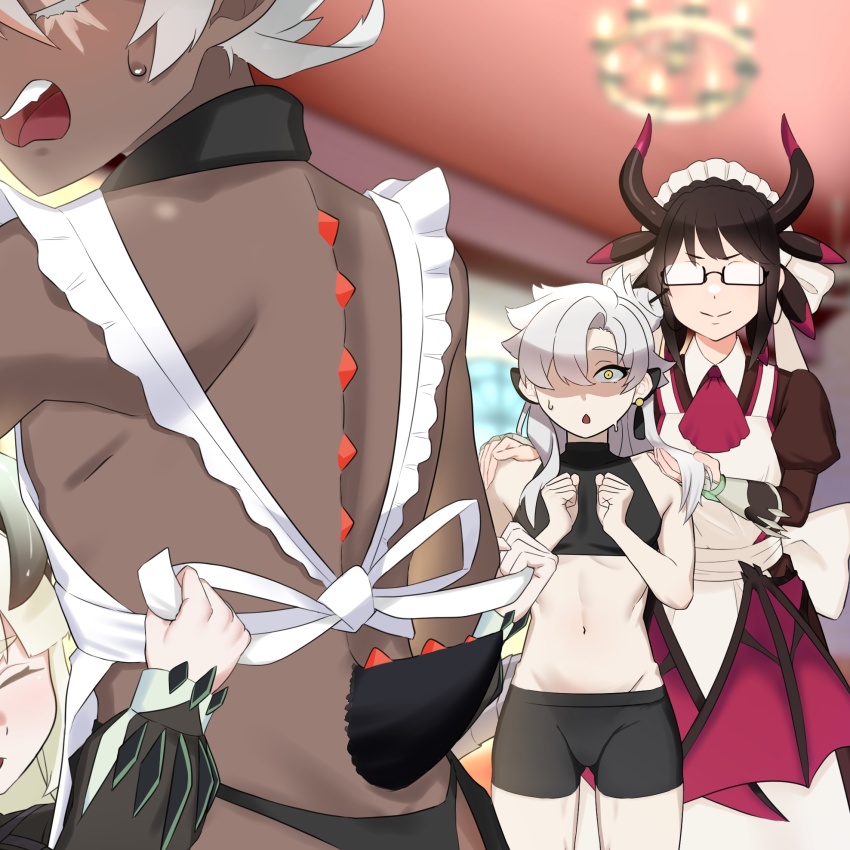 2boys, 2girls, abs, albaz_(yu-gi-oh!), alternate_costume, animal_ears, apron, ascot