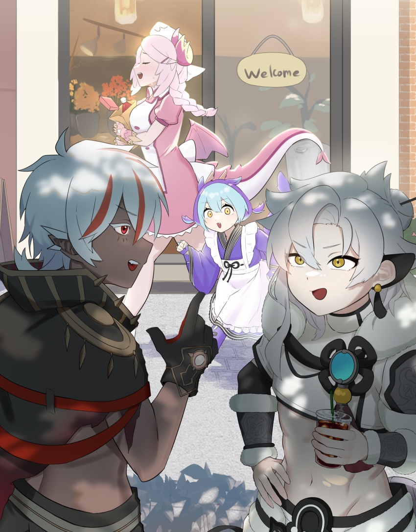 2boys, 2girls, :d, abs, absurdres, albaz_(yu-gi-oh!), animal_ears, apron