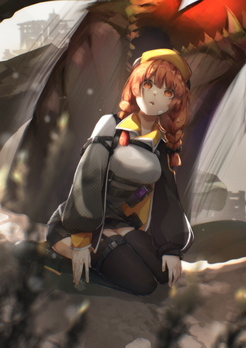 1girl, absurdres, bandaid, bandaid_on_face, beryl_(chaos_zero_nightmare), black_shoes, black_thighhighs, braid