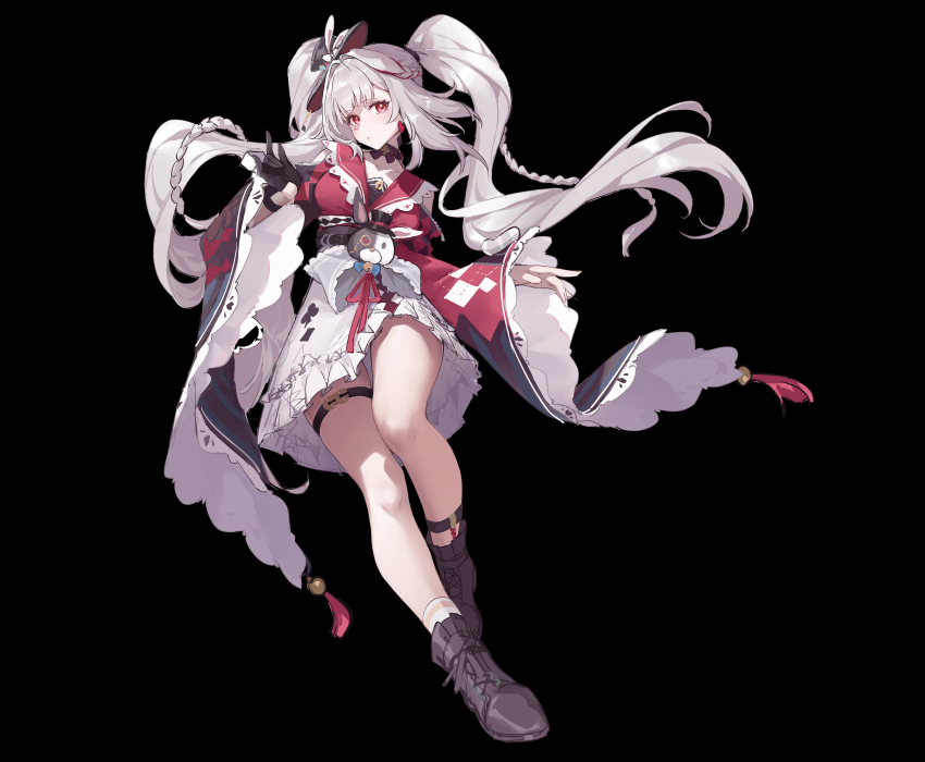 1girl, absurdres, ankle_garter, bell, belt, black_background, black_boots, black_gloves