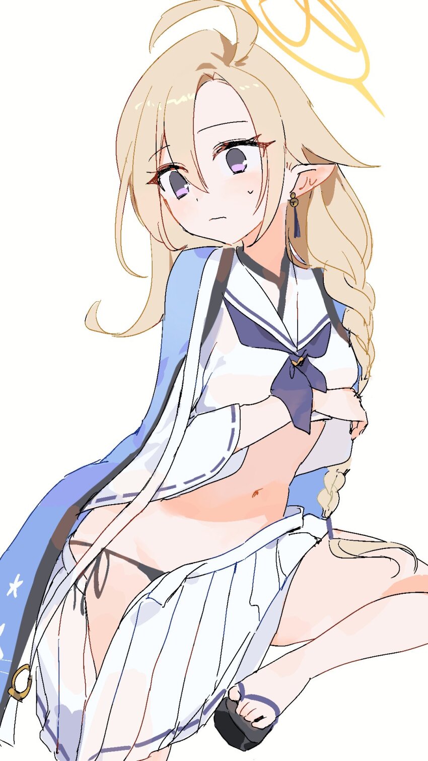 1girl, ahoge, ayame_(blue_archive), black_panties, blonde_hair, blue_archive, blue_haori, braid