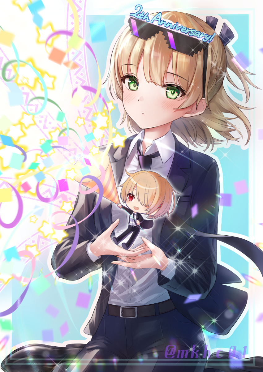 2girls, :d, absurdres, alternate_costume, anniversary, belt, black_belt, black_jacket