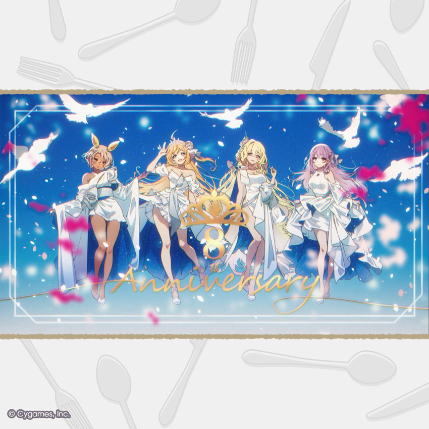 4girls, ahoge, arm_up, bare_shoulders, bird, blonde_hair, breasts, brown_hair