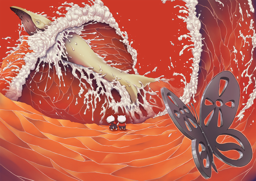 1boy, 1girl, animal, brother_and_sister, bug, butterfly, commentary_request, furry