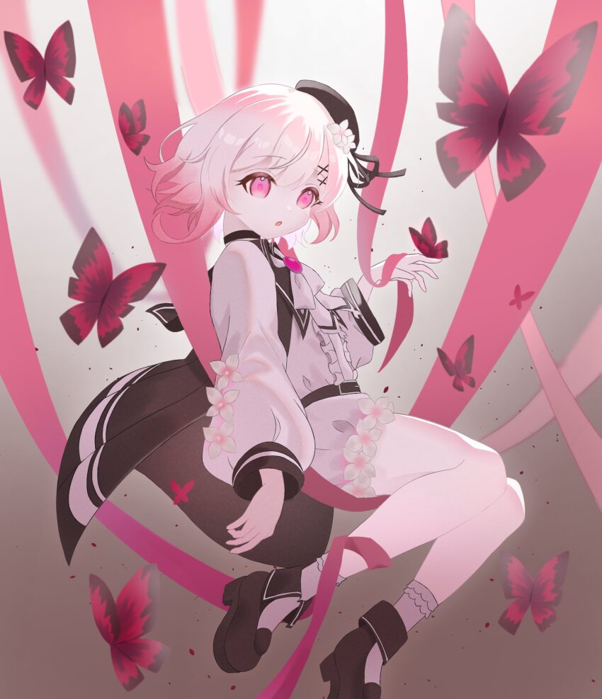 1girl, beret, black_dress, black_hat, black_shoes, bug, butterfly, center_frills, commentary_request, dress, flower, frills, full_body, gradient_background, gradient_hair, grey_background, hair_flower, hair_ornament, hanahana_201215, hat, highres, insect, long_sleeves, looking_at_viewer, mahou_shoujo_no_majo_saiban, multicolored_hair, neck_ribbon, open_mouth, pink_eyes, pink_hair, red_butterfly, ribbon, sakuraba_ema, shoes, short_hair, shorts, socks, solo, white_flower, white_hair, white_ribbon, white_shorts, white_socks, x_hair_ornament