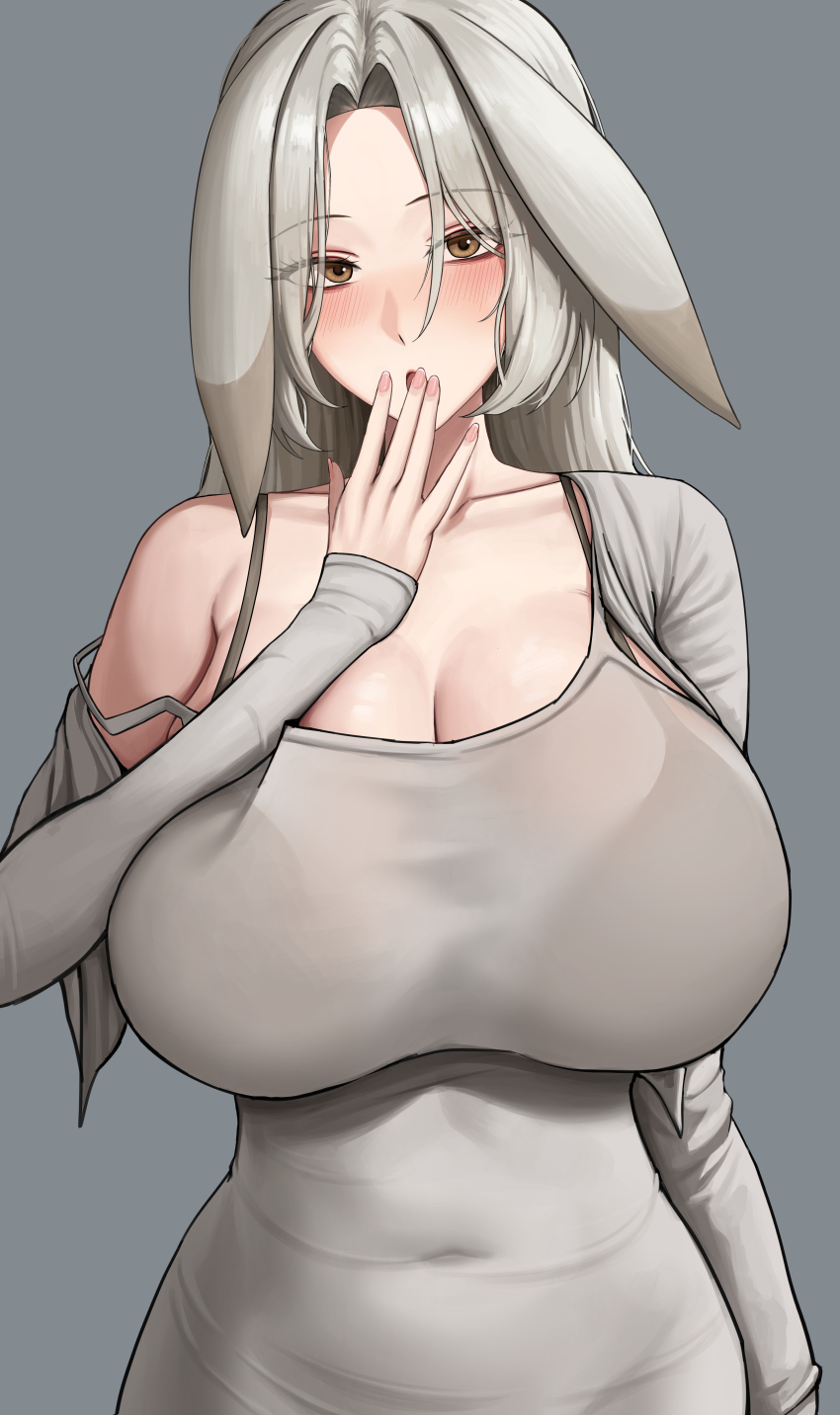 1girl, :o, absurdres, animal_ears, blush, bodam, breasts, brown_eyes, collarbone, commentary_request, covered_navel, dongtan_dress, dress, gen_1_pokemon, grey_background, grey_dress, grey_hair, grey_jacket, highres, huge_breasts, jacket, long_hair, long_sleeves, looking_at_viewer, nintendo, off_shoulder, open_mouth, peakychu, personification, pikachu, pokemon, pokemon_pokopia, simple_background, single_bare_shoulder, sleeveless, sleeveless_dress, solo, upper_body