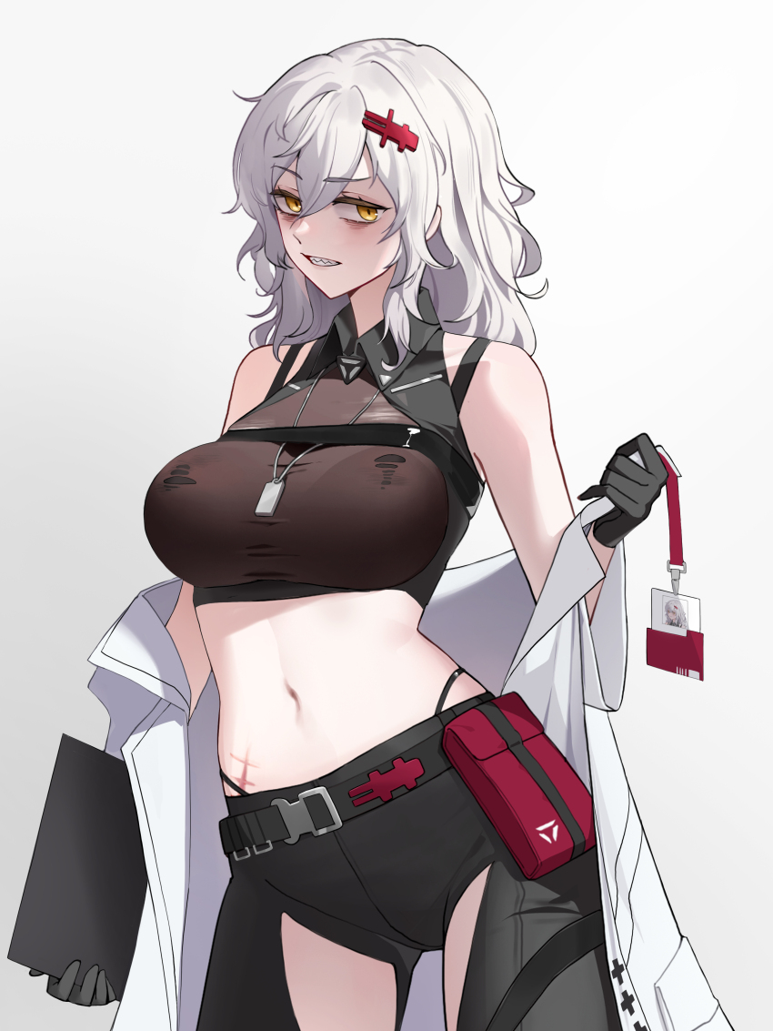 1girl, absurdres, black_gloves, blush, breasts, chaps, coat, commentary_request