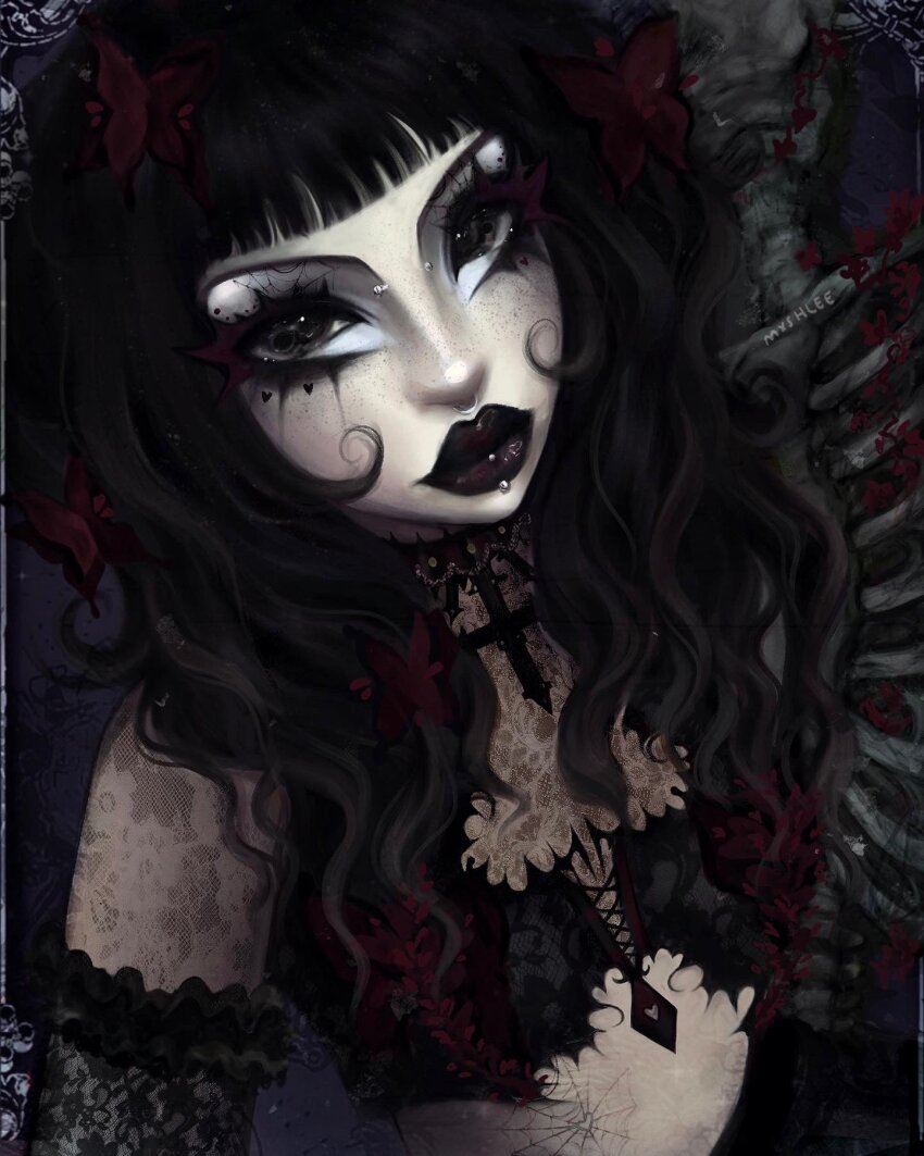 1girl, artist_name, black_choker, black_eyeliner, black_eyes, black_gloves, black_hair, black_lips