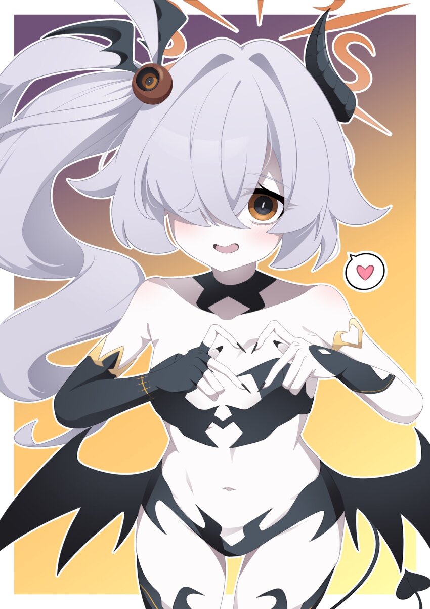 arm_strap, asymmetrical_gloves, blue_archive, breasts, brown_halo, commentary_request, demon_horns, demon_wings, detached_collar, gloves, grey_hair, hair_bobbles, hair_ornament, hakuita, halo, heart_arms, highres, horns, kanoe_(blue_archive), multicolored_eyes, navel, one_eye_covered, side_ponytail, small_breasts, thighhighs, thighs, two-tone_eyes, wavy_mouth, wings