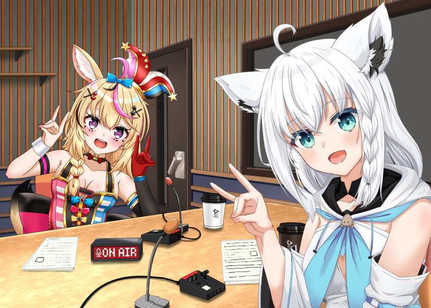 2girls, animal_ear_fluff, animal_ears, aqua_eyes, aqua_neckerchief, asymmetrical_footwear, asymmetrical_legwear, back_bow