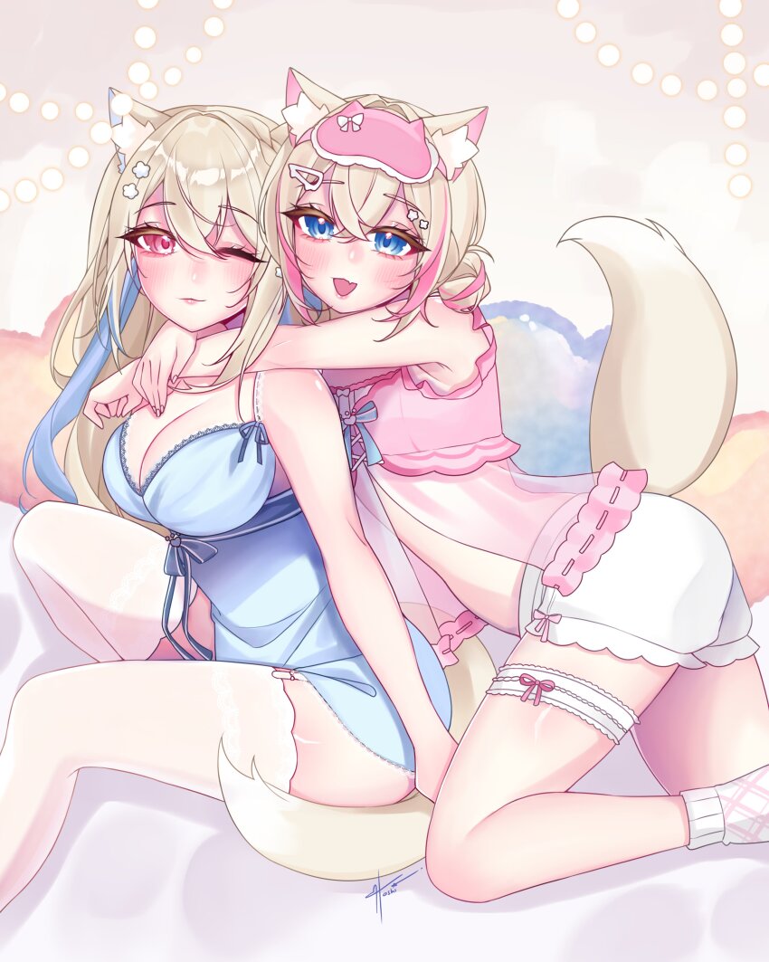 2girls, absurdres, animal_ear_fluff, animal_ears, babydoll, blonde_hair, blue_babydoll, blue_eyes