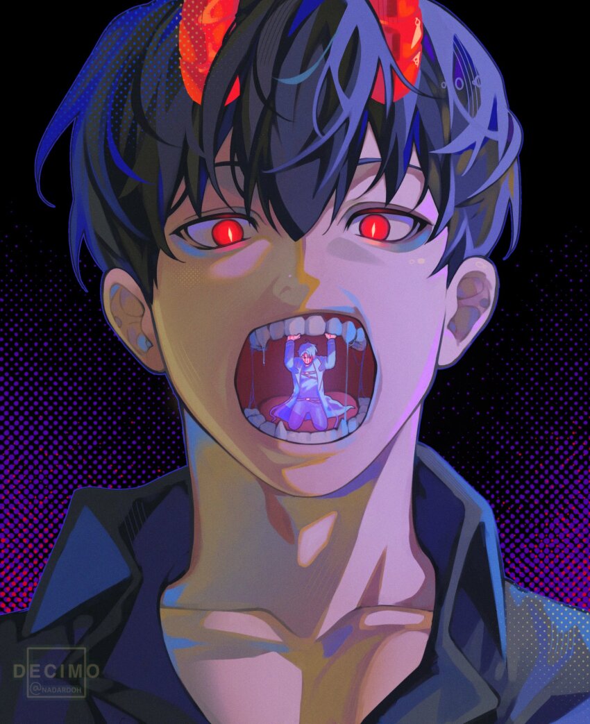 2boys, aegyo_sal, black_hair, black_shirt, bright_pupils, collarbone, cowboy_shot, demon_horns