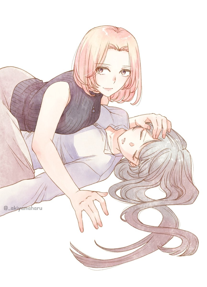 2girls, akiyama_haru, all_fours, black_hair, black_sweater, breast_press, closed_eyes, commentary_request