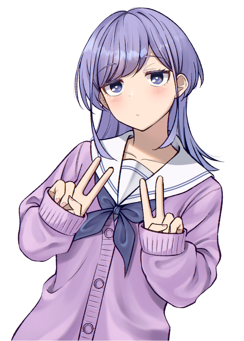 1girl, cardigan, commentary_request, double_v, gurande_(g-size), highres, looking_at_viewer, mizuo_kurage