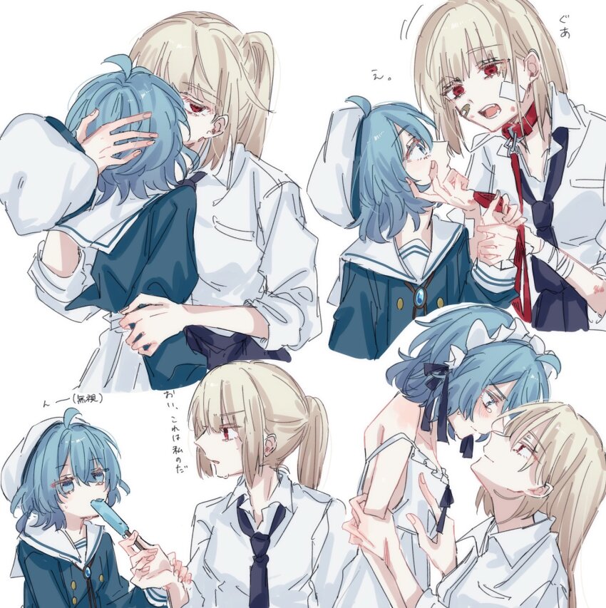 2girls, aquarium_wa_odoranai, bandaged_wrist, bandages, black_necktie, blonde_hair, blue_eyes, blue_hair