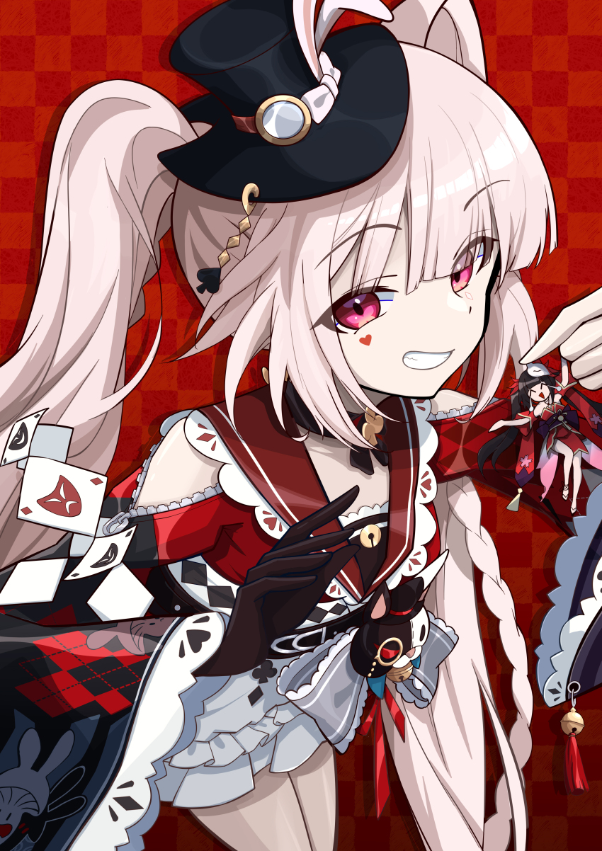 1girl, ^_^, absurdres, belt, black_belt, black_choker, black_gloves, black_hat