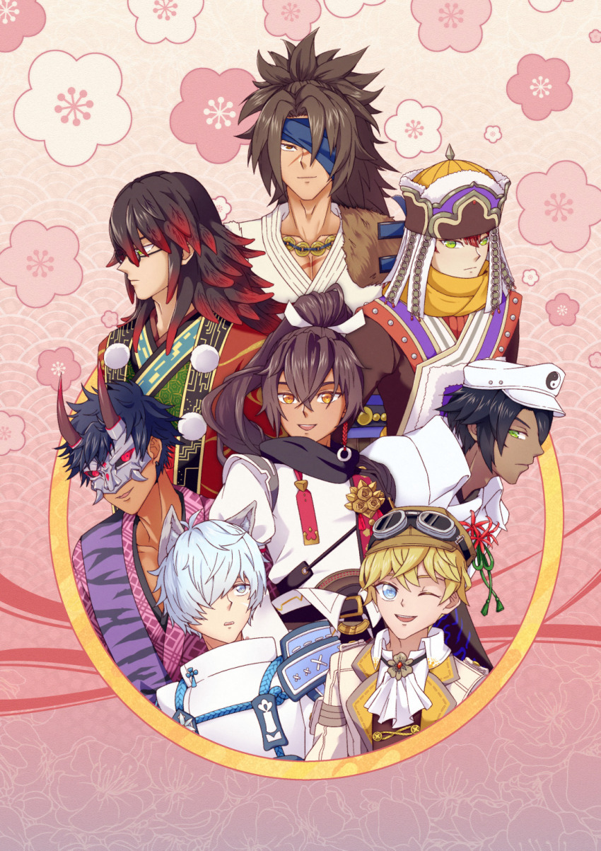 6+boys, blonde_hair, blue_eyes, blue_headband, brown_hair, cuilang_(rune_factory), fubuki_(rune_factory), gradient_hair