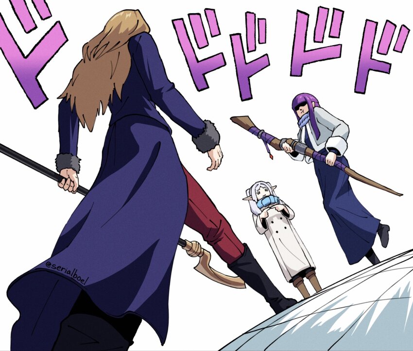 3girls, artist_name, back, black_shoes, blue_coat, blue_dress, blue_shawl, blunt_bangs, boots, brown_shoes, coat, commentary, dress, elf, english_commentary, fern_(sousou_no_frieren), frieren, grey_jacket, highres, holding, holding_staff, jacket, jojo_no_kimyou_na_bouken, knee_boots, long_hair, meme, menacing_(jojo), methode_(sousou_no_frieren), multiple_girls, oh?_you're_approaching_me?_(meme), pants, pointy_ears, pout, red_pants, scene_reference, serialboel, shawl, shoes, sound_effects, sousou_no_frieren, staff, stardust_crusaders, tile_floor, tiles, twintails, white_coat
