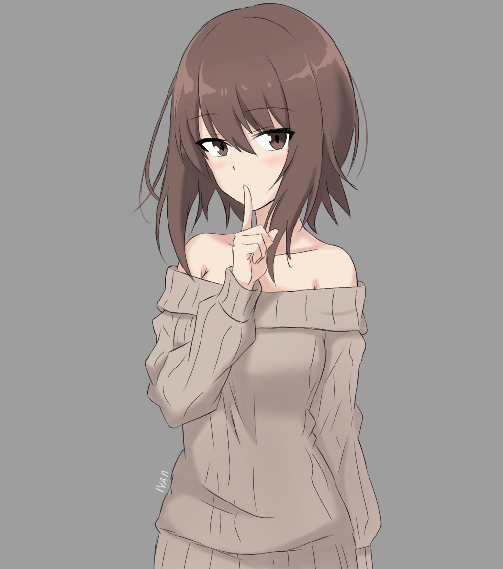 1girl, breasts, brown_eyes, brown_hair, collarbone, commentary, girls_und_panzer, hand_up, index_finger_raised, ivan_(2213432), medium_breasts, nishizumi_maho, off-shoulder_sweater, off_shoulder, short_hair, signature, simple_background, solo, sweater