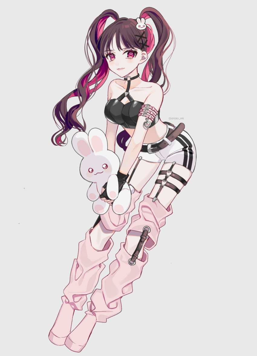 1girl, bare_shoulders, belt, black_gloves, black_tube_top, boots, breasts, brown_belt