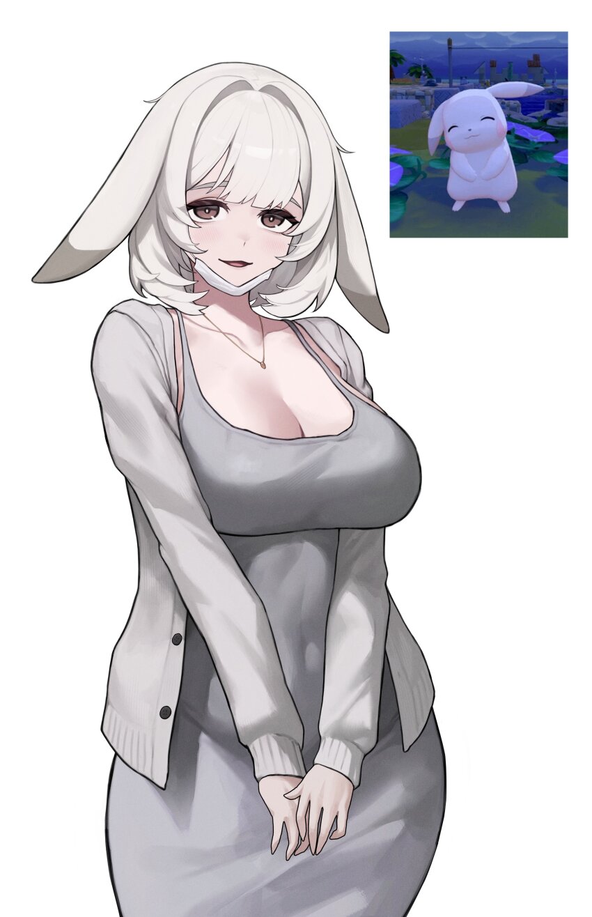 1girl, absurdres, animal_ears, breasts, brown_eyes, cleavage, coat, commentary_request