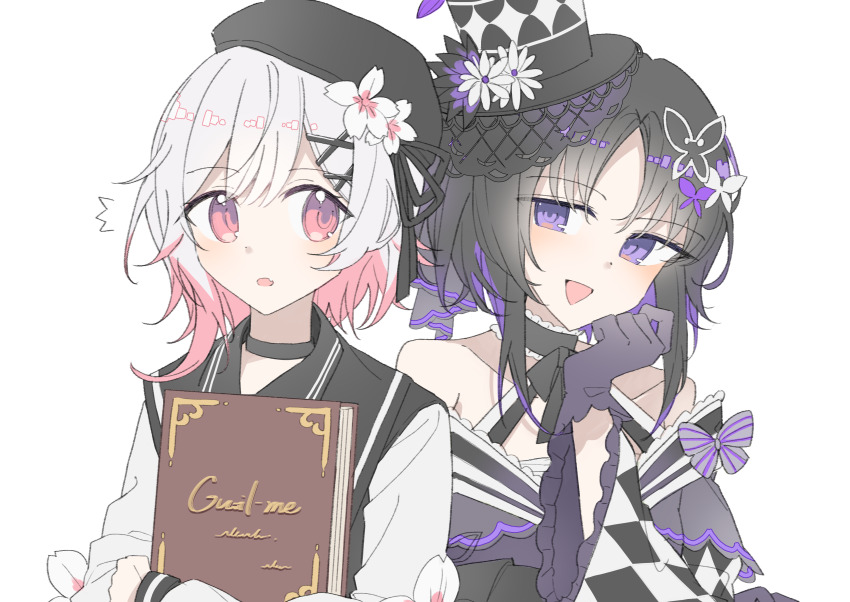 2girls, ^^^, absurdres, bare_shoulders, beret, black_choker, black_hair, black_hat