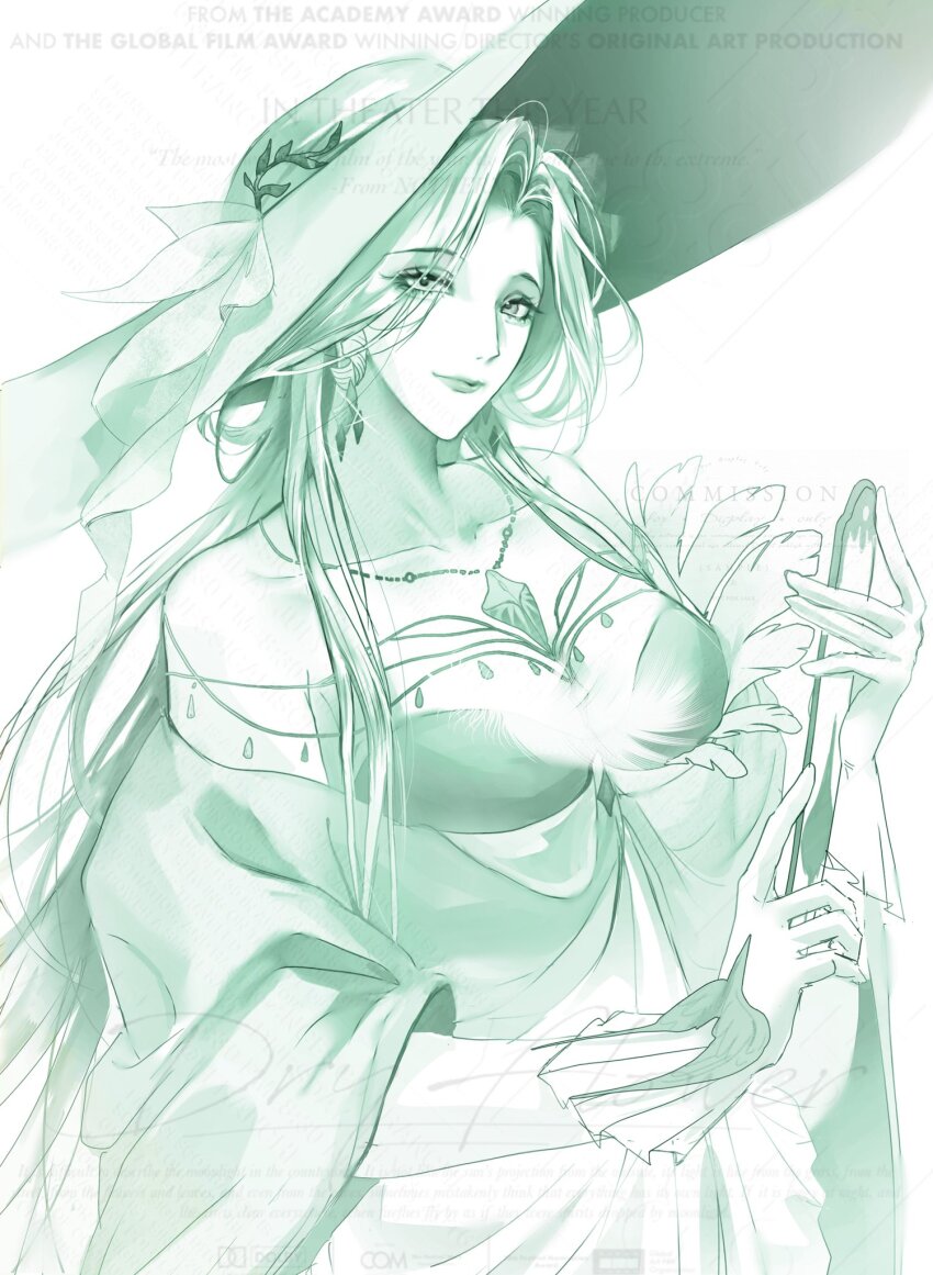 1girl, bare_shoulders, breasts, cleavage, commentary_request, commission, cowboy_shot, dress