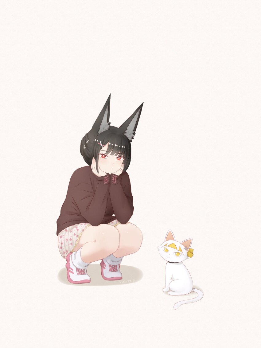 1girl, alternate_costume, alternate_hairstyle, animal_ear_fluff, animal_ears, asaba_harumasa_(cat), black_hair, brown_shirt