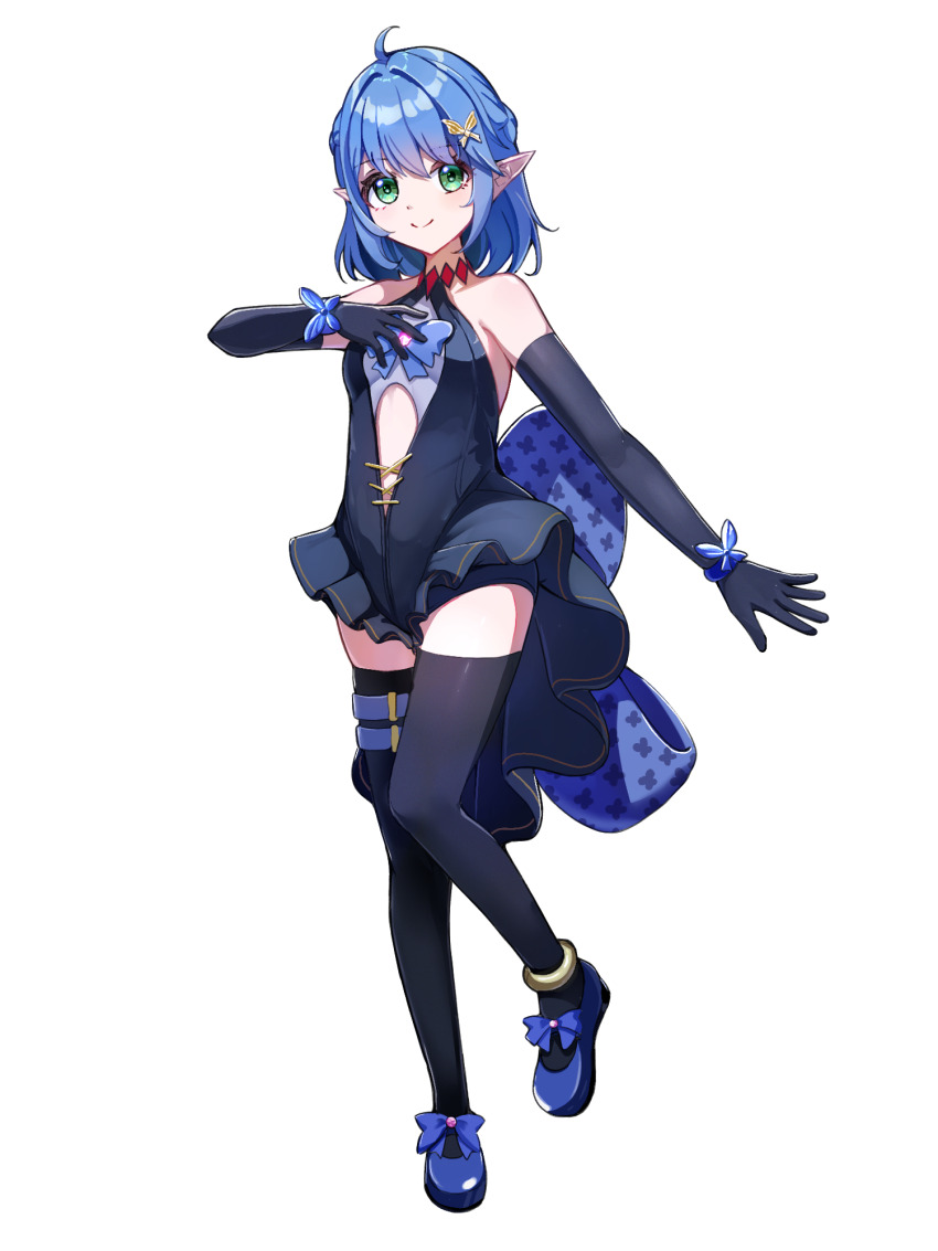1girl, 310setsu, ahoge, airy_windia, anklet, black_gloves, black_thighhighs, blue_bow