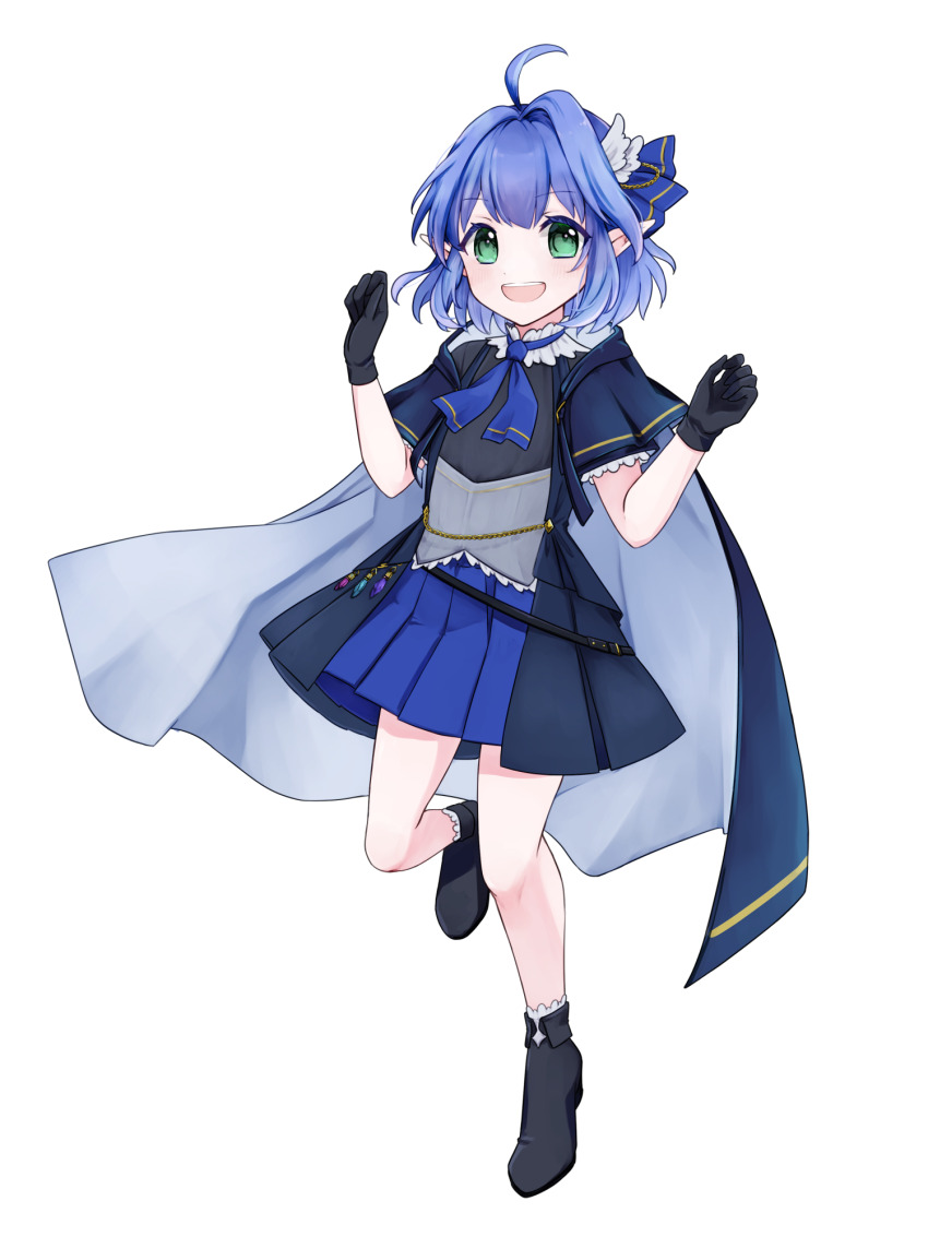 1girl, :d, ahoge, airy_windia, black_gloves, black_shoes, blue_hair, blue_skirt