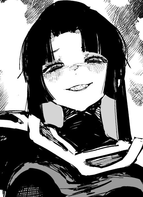 10_4_(10f0ur), 1girl, breasts, greyscale, grin, mato_seihei_no_slave, monochrome, portrait