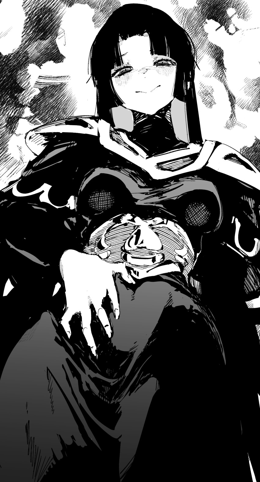 10_4_(10f0ur), absurdres, black_dress, breasts, commentary, cowboy_shot, dress, from_below