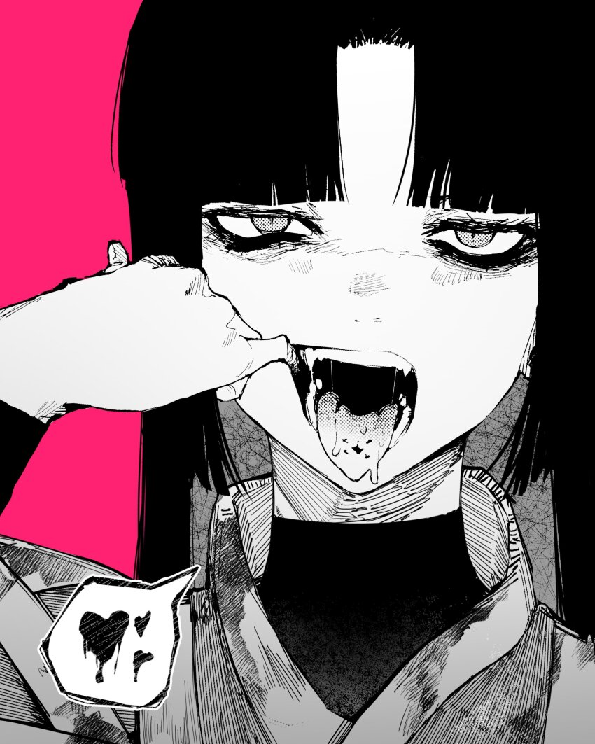 10_4_(10f0ur), 1girl, absurdres, black_hair, fangs, finger_in_own_mouth, greyscale, half-closed_eyes