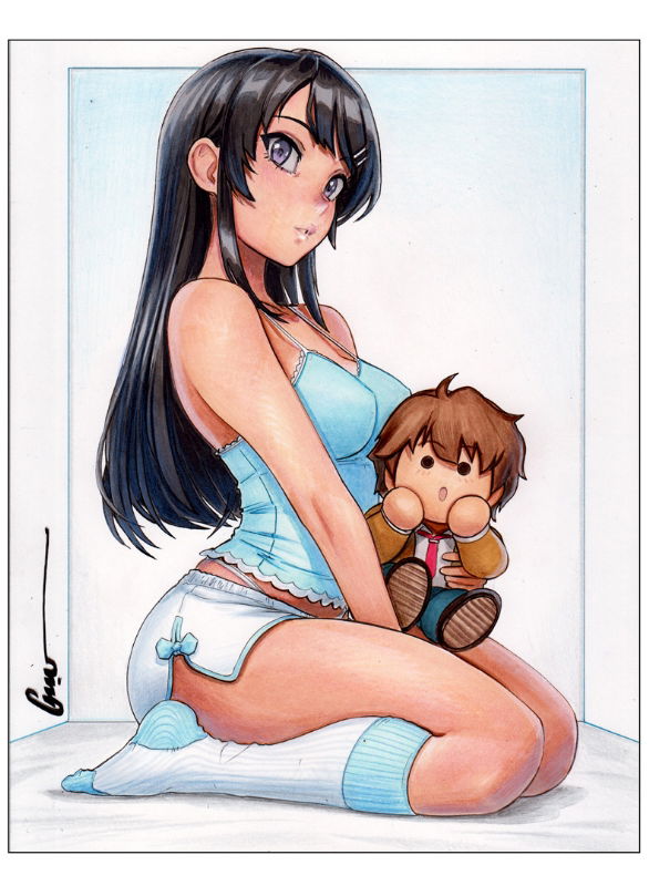 1girl, arched_back, azusagawa_sakuta, bare_arms, between_legs, black_hair, blue_camisole, blue_socks, breasts, camisole, character_doll, doll, dolphin_shorts, from_side, full_body, hair_ornament, hairclip, hand_between_legs, holding, holding_doll, kneehighs, long_hair, looking_at_viewer, medium_breasts, omar_dogan, panty_straps, parallel_hairclips, parted_lips, pinstripe_socks, purple_eyes, sakurajima_mai, scan, seishun_buta_yarou, short_shorts, shorts, signature, sitting, socks, solo, stuffed_toy, third-party_source, traditional_media, two-tone_socks, wariza, white_background, white_shorts, white_socks