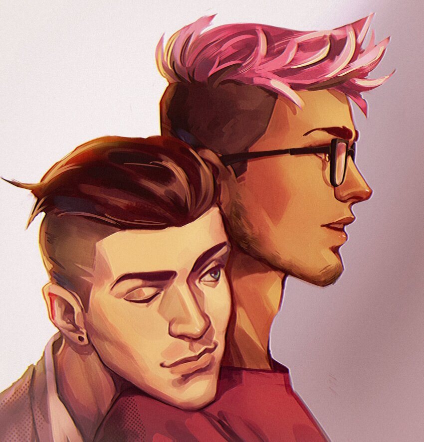 2boys, beard_stubble, brown_hair, cheekbones, commentary, dark-skinned_male, dark_skin, drawfee