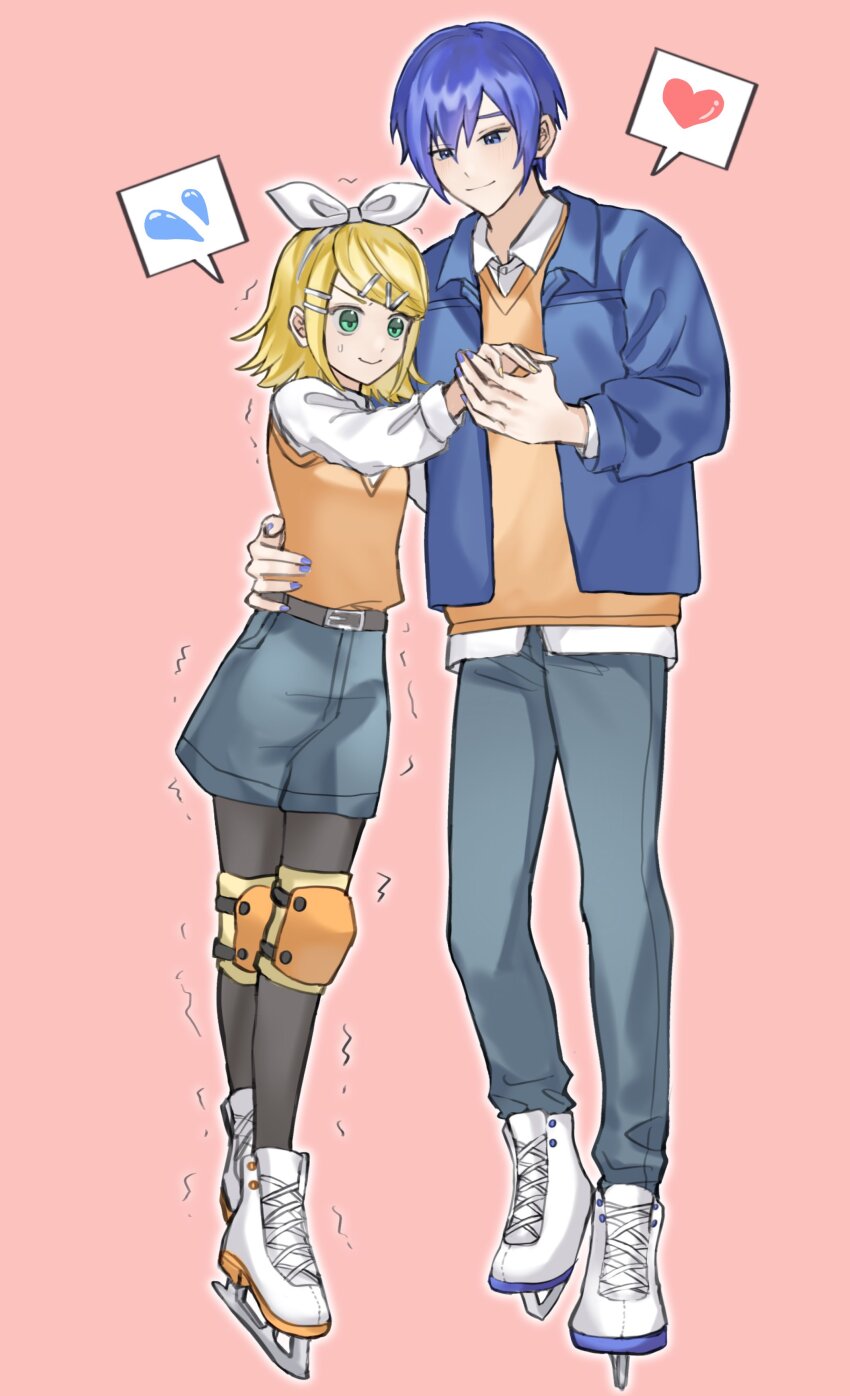 1boy, 1girl, 6_chair, absurdres, belt, black_belt, black_pantyhose, blue_eyes, blue_hair, blue_jacket, blue_nails, blue_pants, blue_shorts, bow, bow_hairband, buckle, closed_mouth, commentary, denim, denim_shorts, flying_sweatdrops, full_body, green_eyes, hair_bow, hair_ornament, hairband, hairclip, hand_on_another's_waist, heart, highres, holding_hands, ice_skating, jacket, jeans, kagamine_rin, kaito_(vocaloid), knee_pads, layered_sleeves, light_blush, long_sleeves, looking_ahead, looking_at_another, nervous, nervous_smile, orange_sweater, orange_vest, outline, pants, pantyhose, parallel_hairclips, pink_background, shirt, shirt_under_sweater, short_hair, shorts, simple_background, skating, small_sweatdrop, smile, spoken_flying_sweatdrops, spoken_heart, standing, sweater, trembling, v-shaped_eyebrows, vest, vocaloid, white_bow, white_hairband, white_outline, white_shirt, yellow_nails