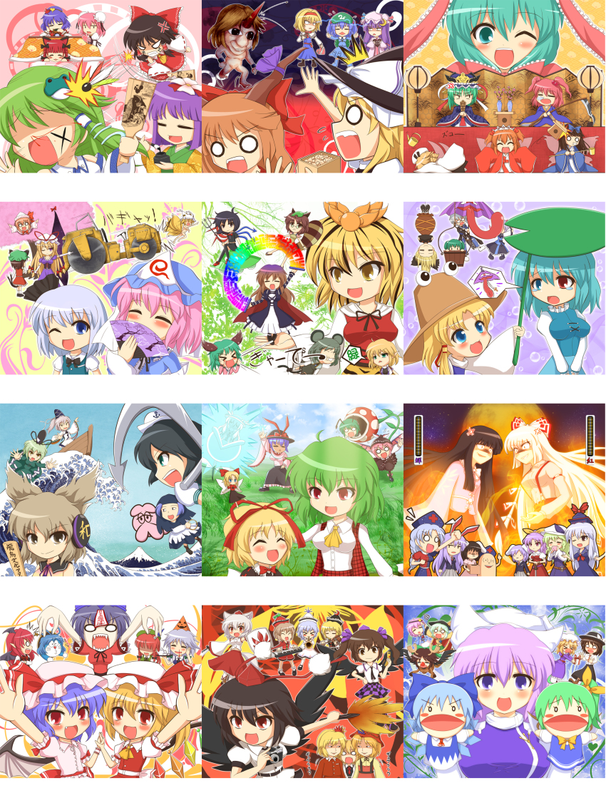 >_<, 0_0, 1boy, 6+girls, x_mouth, =_=, ^_^, absolutely_everyone, absurdres, aki_minoriko, aki_sandwich, aki_shizuha, alice_margatroid, anchor, animal_costume, animal_ears, animal_print, antennae, antler_ornament, antlers, ao_oni, artistic_nudity, ascot, backpack, bad_id, bad_pixiv_id, bag, bat_wings, belt, black_hair, blonde_hair, blood, blue_hair, blush, blush_stickers, boat, bow, bracelet, braid, brown_eyes, brown_hair, bucket, bun_cover, camera, capcom, cape, carnivorous_plant, casual_nudity, cat_ears, cat_tail, cellphone, checkered_background, chen, chibi, chocolate, cirno, closed_eyes, cosplay, crescent, cross, cup, daiyousei, detached_sleeves, doraemon, doraemon_(character), double_bun, dowsing_rod, drawing_on_another's_face, dress, drill_hair, drooling, earmuffs, eating, electricity, everyone, fang, fine_art_parody, fire, flandre_scarlet, flower, food, fox_ears, fox_tail, frog, fruit, fujiwara_no_mokou, futatsuiwa_mamizou, gap_(touhou), gift, glasses, gradient_hair, grapes, grass, green_dress, green_eyes, green_hair, grin, hagoita, hair_bobbles, hair_bow, hair_bun, hair_flower, hair_ornament, hair_ribbon, hair_rings, hair_stick, hair_tubes, hairband, hakurei_reimu, hand_fan, hand_puppet, hanetsuki, hat, hat_with_ears, head_wings, headphones, heart, hieda_no_akyuu, highres, hijiri_byakuren, himekaidou_hatate, hina_ningyou, hinamatsuri, hinanawi_tenshi, holding_hands, hong_meiling, hood, horn_ornament, horn_ribbon, horns, hoshiguma_yuugi, houjuu_nue, houraisan_kaguya, ibaraki_kasen, ibuki_suika, inaba_tewi, instrument, interlocked_fingers, inubashiri_momiji, izayoi_sakuya, jack-o'-lantern, japanese_clothes, jewelry, jiangshi, kaenbyou_rin, kagiyama_hina, kaku_seiga, kaku_seiga_(cosplay), kamishirasawa_keine, kanagawa_okinami_ura, karakasa_obake, kasodani_kyouko, katana, kawashiro_nitori, kazami_yuuka, key, keyboard_(instrument), kirisame_marisa, kisaragi_zwei, knife, knifed, koakuma, kochiya_sanae, komeiji_koishi, komeiji_satori, konpaku_youmu, kotatsu, kumoi_ichirin, kurodani_yamame, leaf, leaf_on_head, letty_whiterock, light_purple_hair, lily_white, long_hair, luna_child, lunasa_prismriver, lyrica_prismriver, maribel_hearn, mario_(series), mary_janes, medicine_melancholy, mega_man_(series), merlin_prismriver, miko, miyako_yoshika, mizuhashi_parsee, mononobe_no_futo, morichika_rinnosuke, moriya_suwako, mouse_tail, mouth_hold, multicolored_hair, multiple_girls, multiple_tails, murasa_minamitsu, mystia_lorelei, nagae_iku, nazrin, nintendo, nose_bubble, nosebleed, nude, o3o, o_o, object_on_head, ofuda, one_eye_closed, onozuka_komachi, open_mouth, orange_hair, outstretched_arms, overalls, paddle, parody, patchouli_knowledge, peach, phone, pince-nez, pink_hair, piranha_plant, plaid_clothes, plaid_skirt, pointy_ears, ponytail, puppet, purple_eyes, rabbit_ears, raccoon_tail, randoseru, red_eyes, reindeer_antlers, reindeer_costume, reisen, reisen_udongein_inaba, reiuji_utsuho, remilia_scarlet, ribbon, ritual_baton, rod_of_remorse, rumia, saigyouji_yuyuko, sailor_hat, saturday_night_fever, scroll, scythe, senbei, setsubun, shameimaru_aya, sharp_teeth, shawl, shield, shiki_eiki, shoes, shooting_star, siblings, silver_hair, single_horn, sisters, skirt, sleeves_past_wrists, smile, smirk, snake, soga_no_tojiko, star_sapphire, steamroller, su-san, sunny_milk, suspenders, sword, table, tail, tatara_kogasa, tate_eboshi, teacup, teapot, tears, teeth, the_oni_(ao_oni), thighhighs, third_eye, tiger_print, tokiko_(touhou), tokin_hat, tongue, tongue_out, toramaru_shou, touhou, toyosatomimi_no_miko, triangular_headpiece, trumpet, twin_braids, twintails, two_side_up, umbrella, unzan, upside-down, usami_renko, vase, vest, violin, watatsuki_no_toyohime, watatsuki_no_yorihime, watercraft, waves, weapon, wings, wink, wolf_ears, wolf_tail, wriggle_nightbug, yagokoro, yagokoro_eirin, yakumo_ran, yakumo_yukari, yasaka_kanako, yellow_eyes, zombie_pose