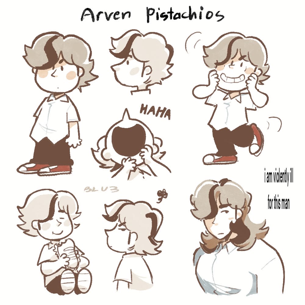 1boy, artist_request, arven_(pokemon), blush, english_text, food, hair_over_one_eye, laughing