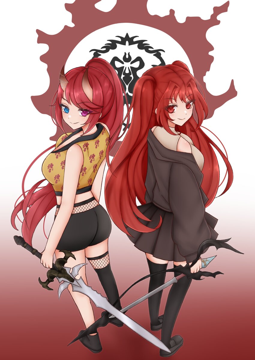 2girls, absurdres, asymmetrical_legwear, back-to-back, bad_tag, black_jacket, black_shoes, black_shorts