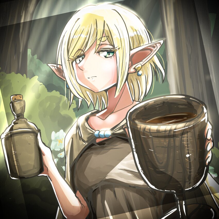 absurdres, alcohol, blonde_hair, bottle, cape, closed_mouth, commentary_request, earrings