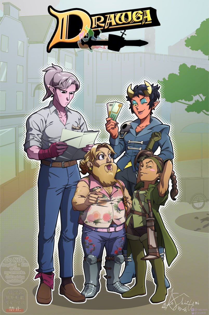 4girls, arm_hair, armpits, beard, belt, black_hair, blonde_hair, blush_stickers, boots, breasts, brown_hair, cheekbones, chest_hair, cleavage, closed_eyes, closed_mouth, colored_skin, dark-skinned_female, dark_skin, drawfee, drawga, dwarf, eladrin, elf, eyeshadow, facial_hair, full_body, grey_hair, hairy, halfling, headband, highres, holding, horns, legzi_shortstakk, lips, lipstick, makeup, multiple_girls, one_eye_closed, petite, pointy_ears, ponytail, rah'oxa, red_skin, reverse_trap, ryjinah, shirt, short_hair, single_blush_sticker, sleeveless, sleeveless_shirt, standing, tiefling, tiffany_(drawga), tmblyeet, tomboy, very_short_hair, weapon