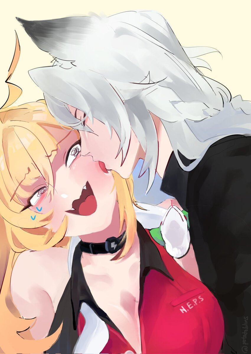 1boy, 1girl, black_choker, blonde_hair, breasts, choker, cissia_(zenless_zone_zero), commentary