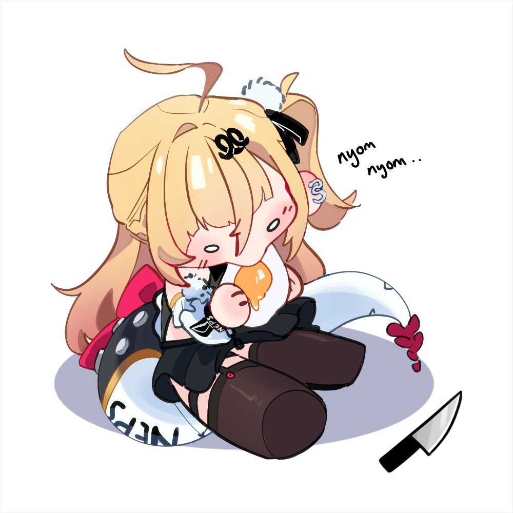 1girl, black_garter_straps, blonde_hair, cissia_(zenless_zone_zero), commentary, ear_piercing, eating, english_commentary, fried_egg, garter_straps, knife, piercing, potatoblins, sidelocks, tail, thighhighs, zenless_zone_zero